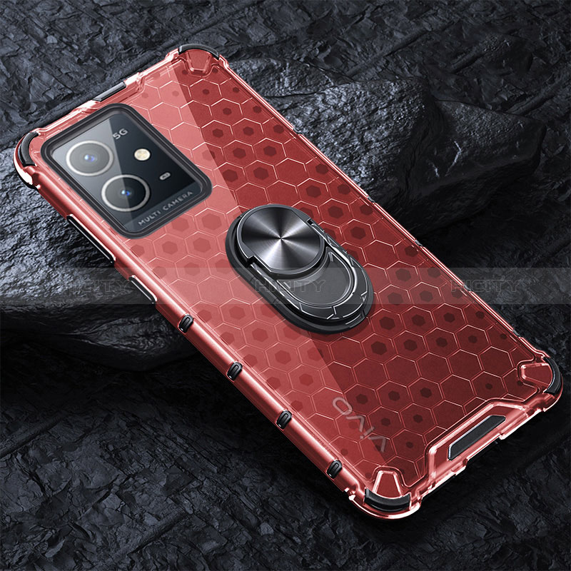 Coque Contour Silicone et Vitre Transparente Miroir 360 Degres avec Support Bague Anneau Aimante Magnetique AM1 pour Vivo Y55s 5G Rouge Plus