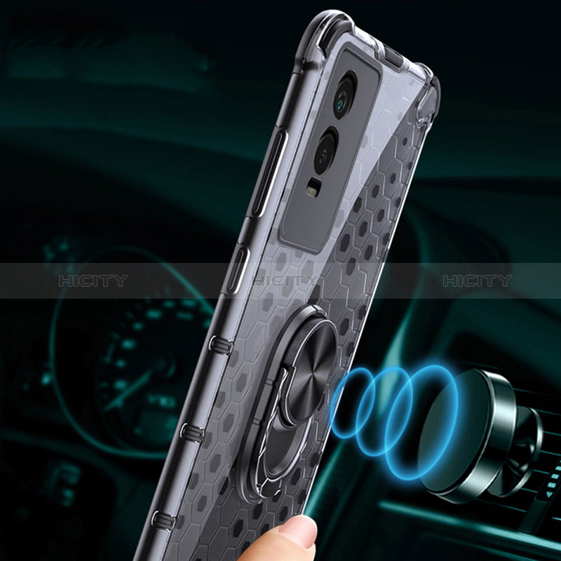 Coque Contour Silicone et Vitre Transparente Miroir 360 Degres avec Support Bague Anneau Aimante Magnetique AM1 pour Vivo Y76s 5G Plus