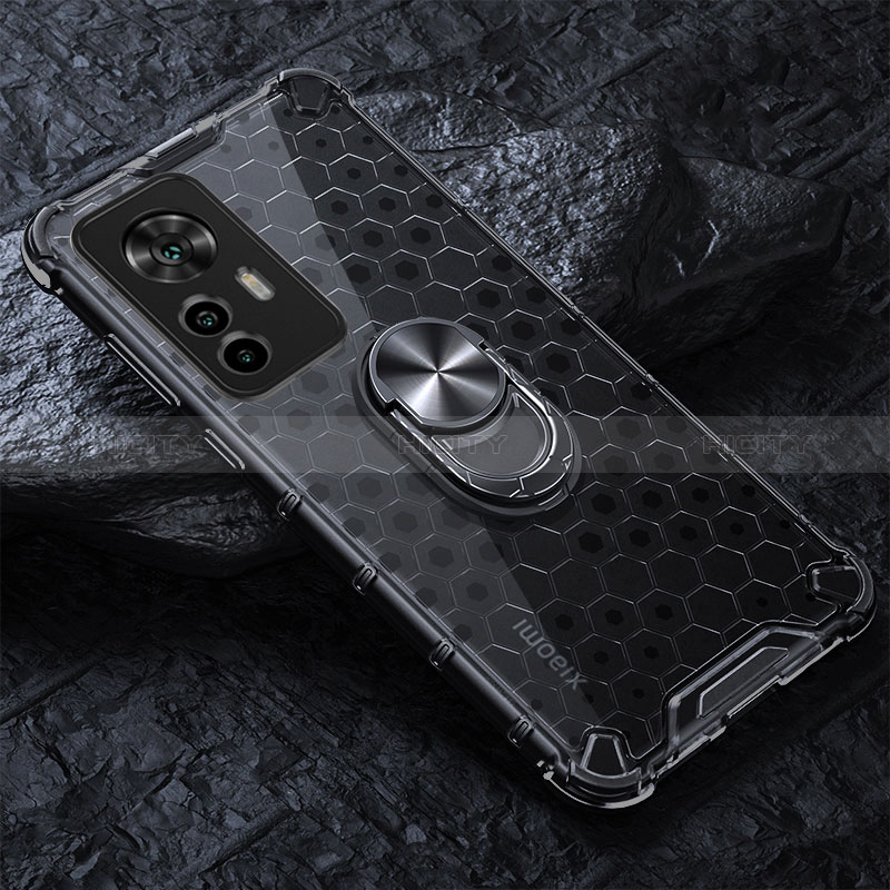 Coque Contour Silicone et Vitre Transparente Miroir 360 Degres avec Support Bague Anneau Aimante Magnetique AM1 pour Xiaomi Mi 12T 5G Noir Plus