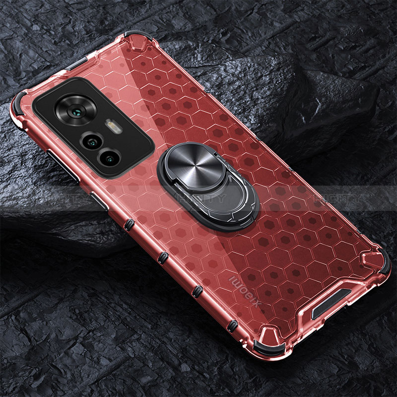 Coque Contour Silicone et Vitre Transparente Miroir 360 Degres avec Support Bague Anneau Aimante Magnetique AM1 pour Xiaomi Mi 12T 5G Rouge Plus