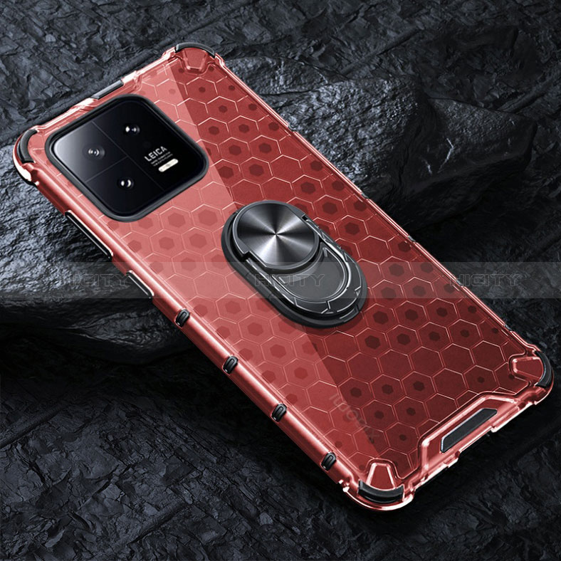 Coque Contour Silicone et Vitre Transparente Miroir 360 Degres avec Support Bague Anneau Aimante Magnetique AM1 pour Xiaomi Mi 13 5G Rouge Plus