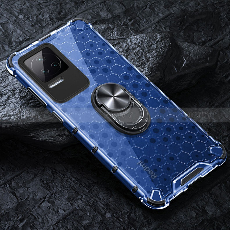 Coque Contour Silicone et Vitre Transparente Miroir 360 Degres avec Support Bague Anneau Aimante Magnetique AM1 pour Xiaomi Poco F4 5G Bleu Plus