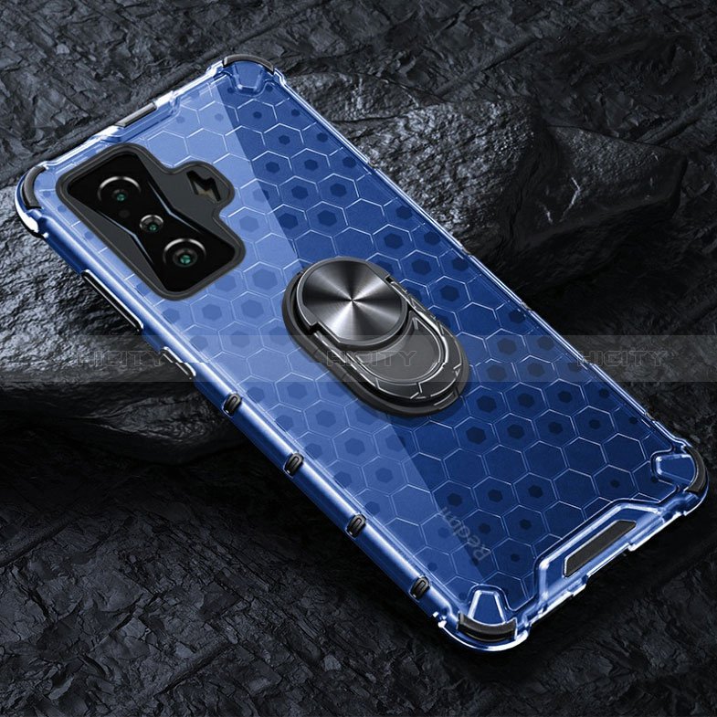 Coque Contour Silicone et Vitre Transparente Miroir 360 Degres avec Support Bague Anneau Aimante Magnetique AM1 pour Xiaomi Poco F4 GT 5G Bleu Plus