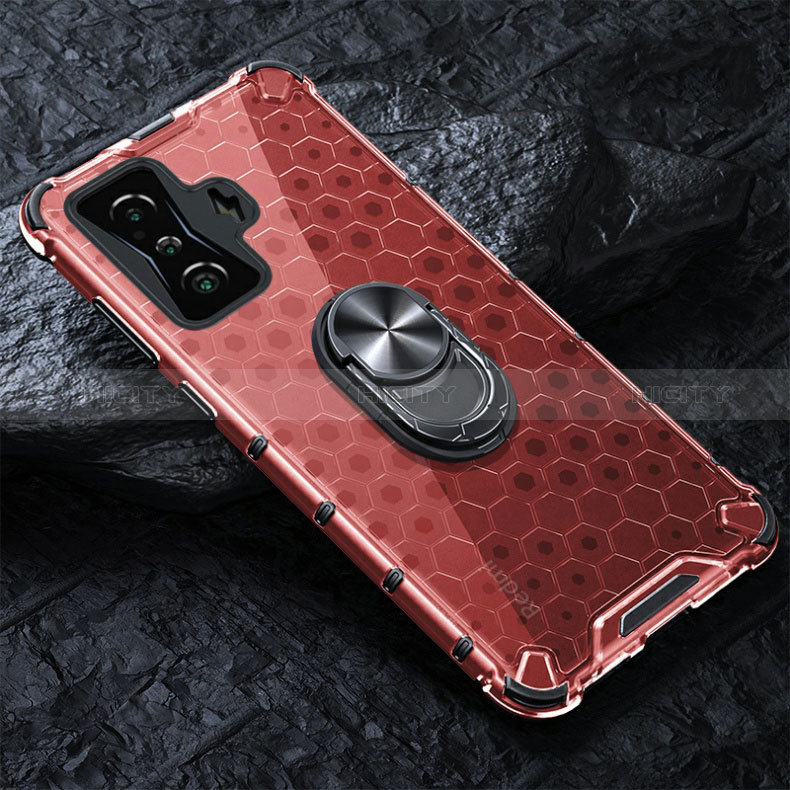 Coque Contour Silicone et Vitre Transparente Miroir 360 Degres avec Support Bague Anneau Aimante Magnetique AM1 pour Xiaomi Poco F4 GT 5G Rouge Plus