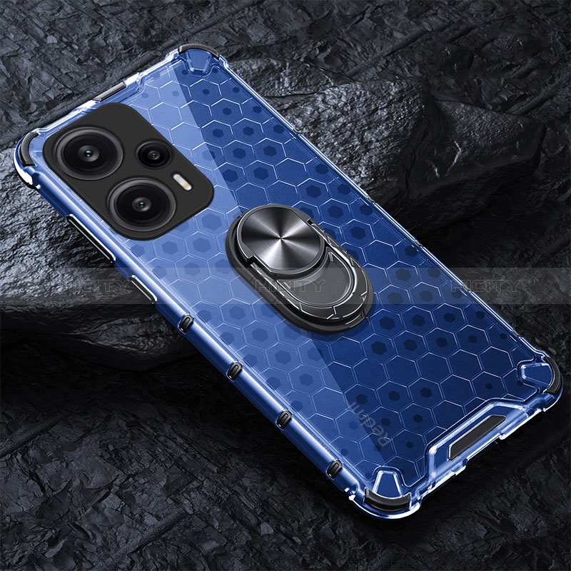 Coque Contour Silicone et Vitre Transparente Miroir 360 Degres avec Support Bague Anneau Aimante Magnetique AM1 pour Xiaomi Poco F5 5G Bleu Plus