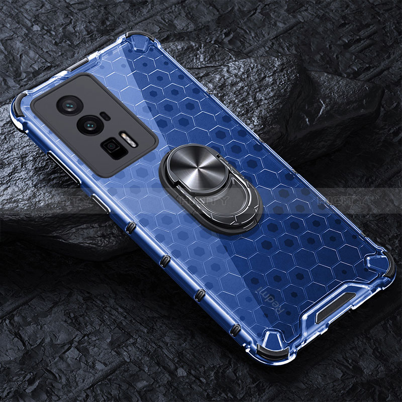 Coque Contour Silicone et Vitre Transparente Miroir 360 Degres avec Support Bague Anneau Aimante Magnetique AM1 pour Xiaomi Poco F5 Pro 5G Bleu Plus