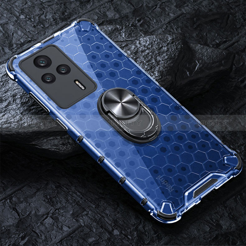 Coque Contour Silicone et Vitre Transparente Miroir 360 Degres avec Support Bague Anneau Aimante Magnetique AM1 pour Xiaomi Redmi K60E 5G Bleu Plus