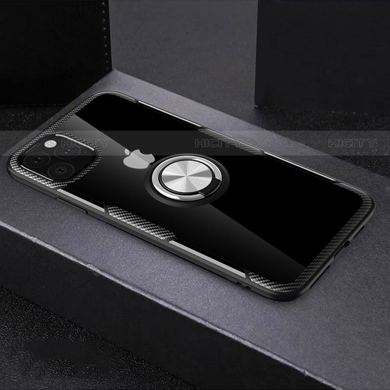 Coque Contour Silicone et Vitre Transparente Miroir 360 Degres avec Support Bague Anneau Aimante Magnetique M01 pour Apple iPhone 11 Pro Noir Plus