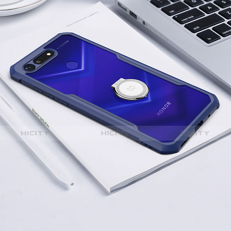 Coque Contour Silicone et Vitre Transparente Miroir 360 Degres avec Support Bague Anneau Aimante Magnetique pour Huawei Honor V20 Bleu Plus