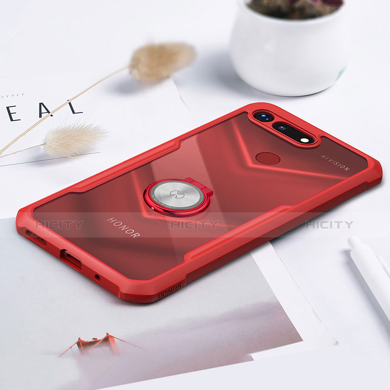 Coque Contour Silicone et Vitre Transparente Miroir 360 Degres avec Support Bague Anneau Aimante Magnetique pour Huawei Honor V20 Rouge Plus