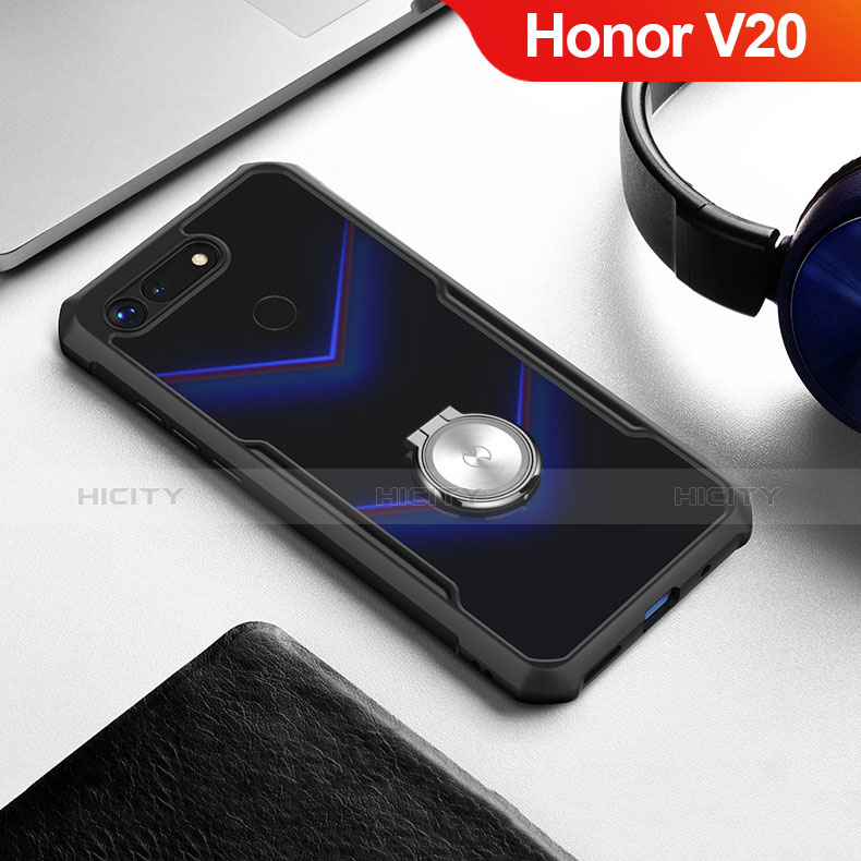 Coque Contour Silicone et Vitre Transparente Miroir 360 Degres avec Support Bague Anneau Aimante Magnetique pour Huawei Honor View 20 Noir Plus