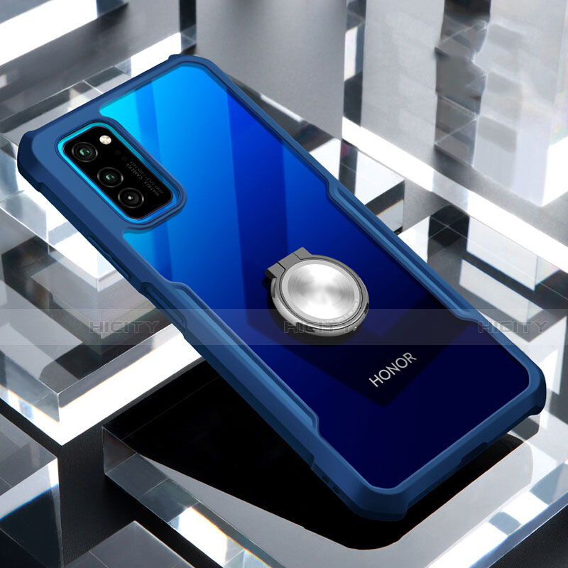 Coque Contour Silicone et Vitre Transparente Miroir 360 Degres avec Support Bague Anneau Aimante Magnetique pour Huawei Honor View 30 5G Bleu Plus