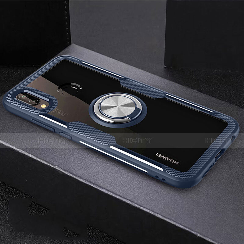 Coque Contour Silicone et Vitre Transparente Miroir 360 Degres avec Support Bague Anneau Aimante Magnetique pour Huawei Nova 3e Bleu Plus