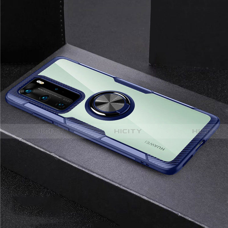 Coque Contour Silicone et Vitre Transparente Miroir 360 Degres avec Support Bague Anneau Aimante Magnetique pour Huawei P40 Pro Bleu Plus