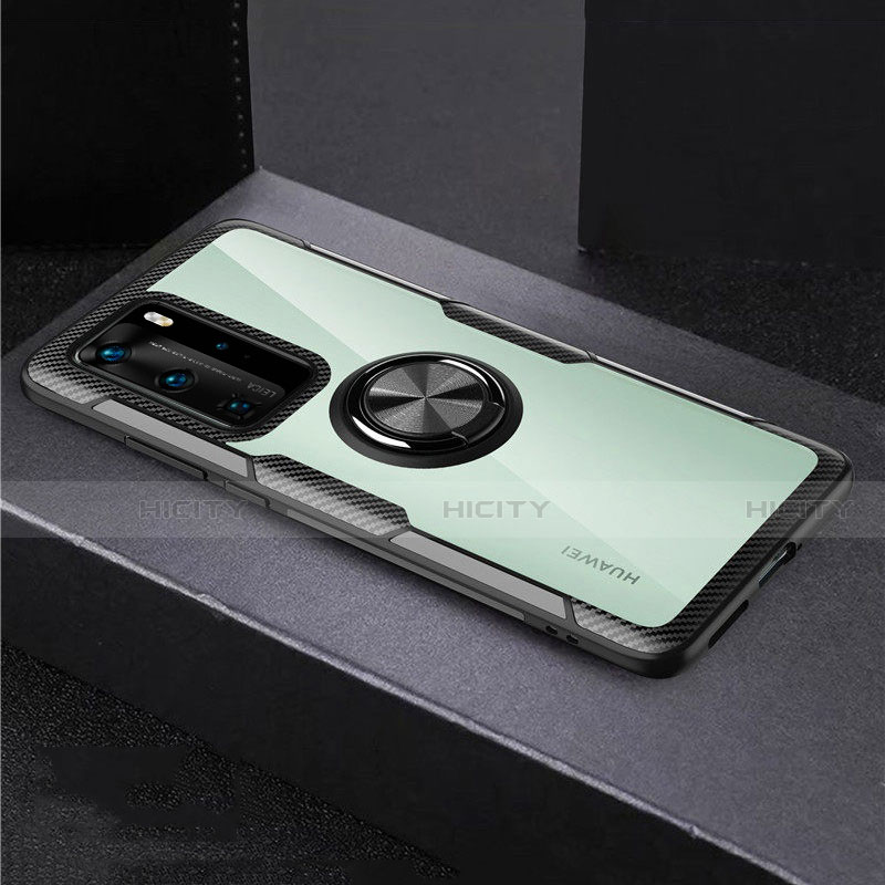 Coque Contour Silicone et Vitre Transparente Miroir 360 Degres avec Support Bague Anneau Aimante Magnetique pour Huawei P40 Pro Noir Plus