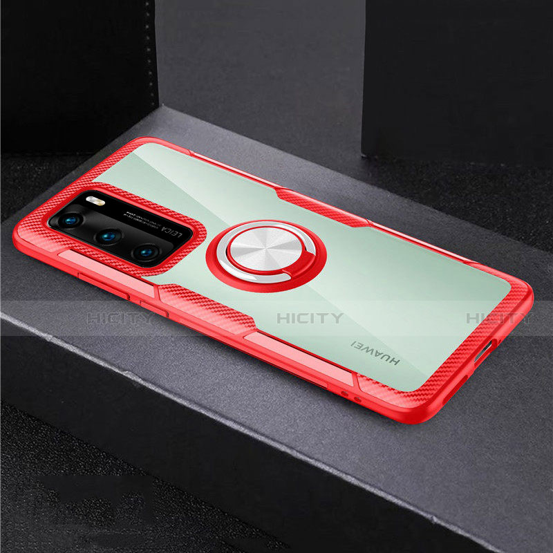 Coque Contour Silicone et Vitre Transparente Miroir 360 Degres avec Support Bague Anneau Aimante Magnetique pour Huawei P40 Rouge Plus