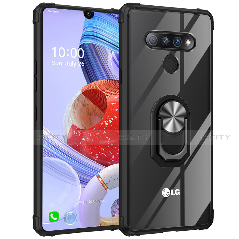 Coque Contour Silicone et Vitre Transparente Miroir 360 Degres avec Support Bague Anneau Aimante Magnetique pour LG Stylo 6 Argent et Noir Plus