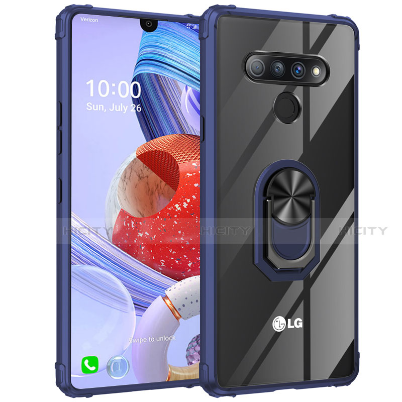 Coque Contour Silicone et Vitre Transparente Miroir 360 Degres avec Support Bague Anneau Aimante Magnetique pour LG Stylo 6 Bleu Plus