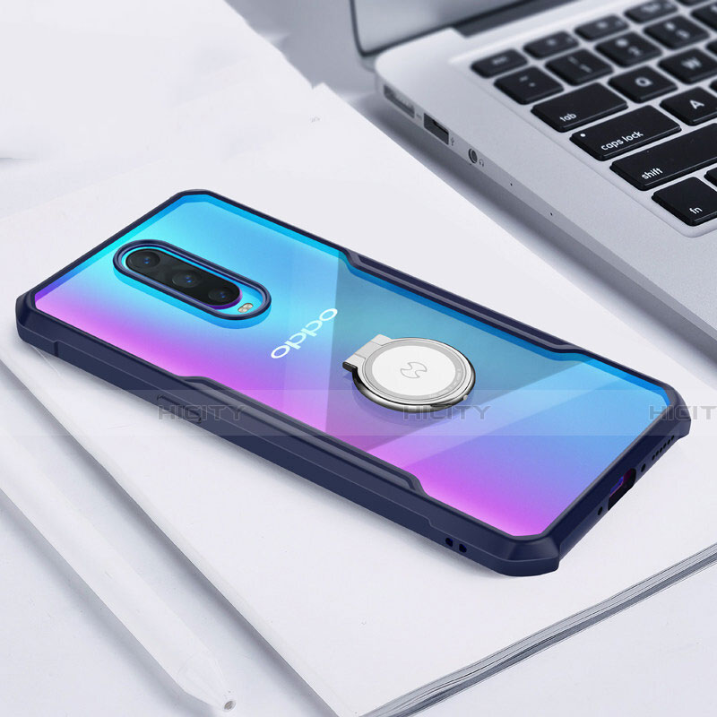 Coque Contour Silicone et Vitre Transparente Miroir 360 Degres avec Support Bague Anneau Aimante Magnetique pour Oppo R17 Pro Bleu Plus