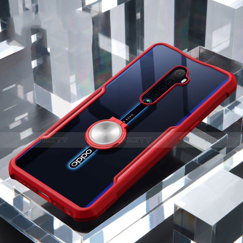 Coque Contour Silicone et Vitre Transparente Miroir 360 Degres avec Support Bague Anneau Aimante Magnetique pour Oppo Reno2 Rouge Plus