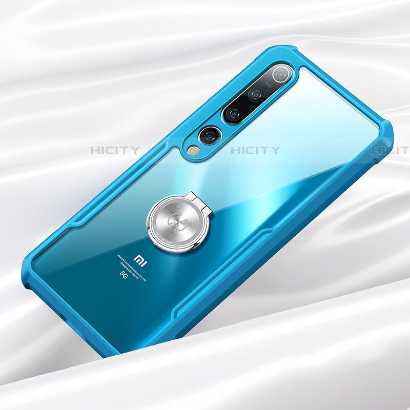 Coque Contour Silicone et Vitre Transparente Miroir 360 Degres avec Support Bague Anneau Aimante Magnetique pour Xiaomi Mi 10 Bleu Plus