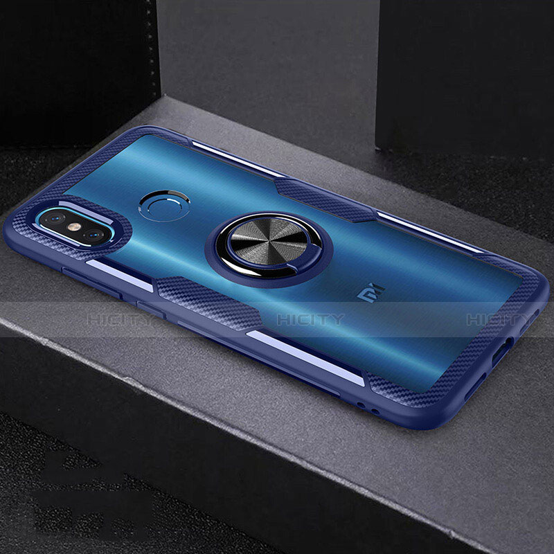 Coque Contour Silicone et Vitre Transparente Miroir 360 Degres avec Support Bague Anneau Aimante Magnetique pour Xiaomi Mi 8 Bleu Plus