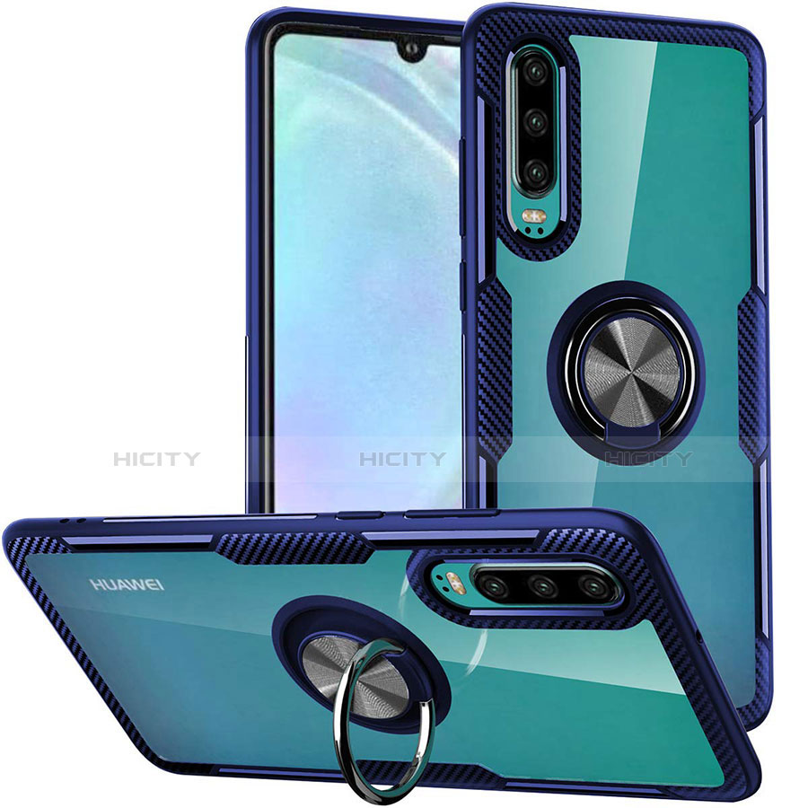 Coque Contour Silicone et Vitre Transparente Miroir 360 Degres avec Support Bague Anneau Aimante Magnetique S01 pour Huawei P30 Bleu Plus