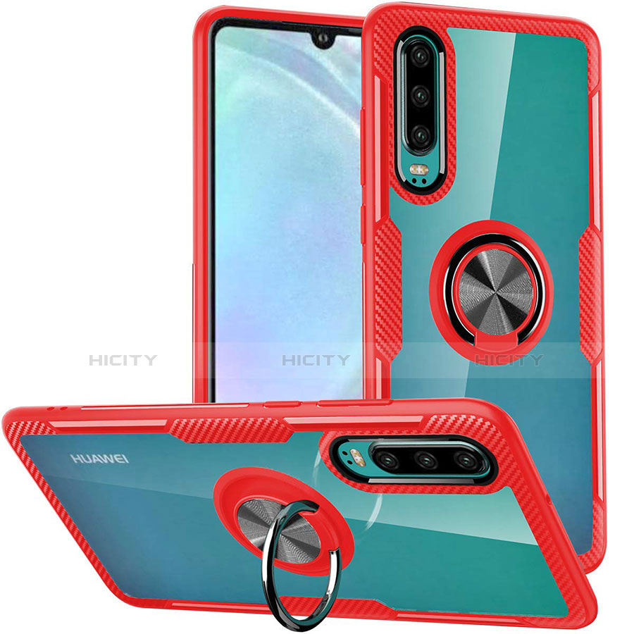 Coque Contour Silicone et Vitre Transparente Miroir 360 Degres avec Support Bague Anneau Aimante Magnetique S01 pour Huawei P30 Rouge Plus