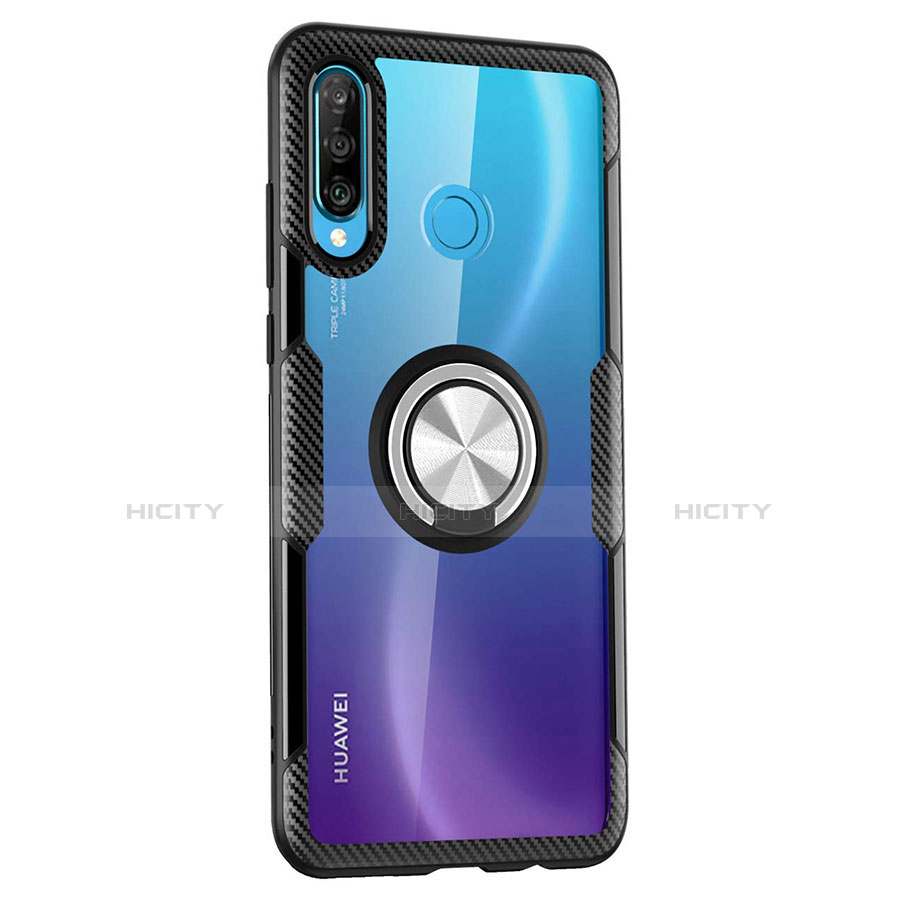 Coque Contour Silicone et Vitre Transparente Miroir 360 Degres avec Support Bague Anneau Aimante Magnetique Z01 pour Huawei Nova 4e Noir Plus