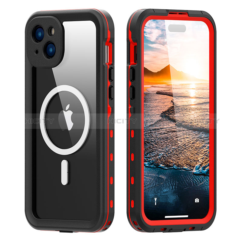 Coque Etanche Contour Silicone et Plastique Housse Etui Waterproof 360 Degres avec Mag-Safe Magnetic Magnetique pour Apple iPhone 13 Rouge Plus