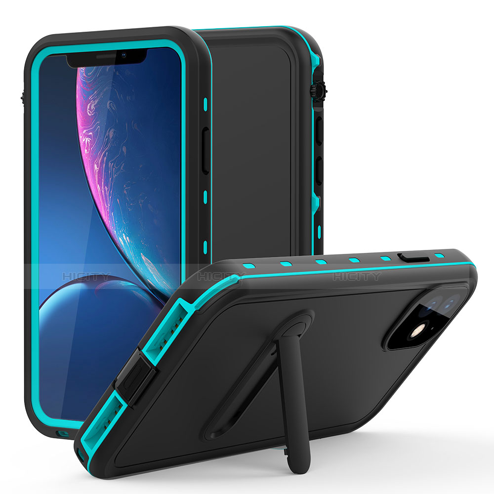 Coque Etanche Contour Silicone et Plastique Housse Etui Waterproof 360 Degres avec Support pour Apple iPhone 11 Cyan Plus