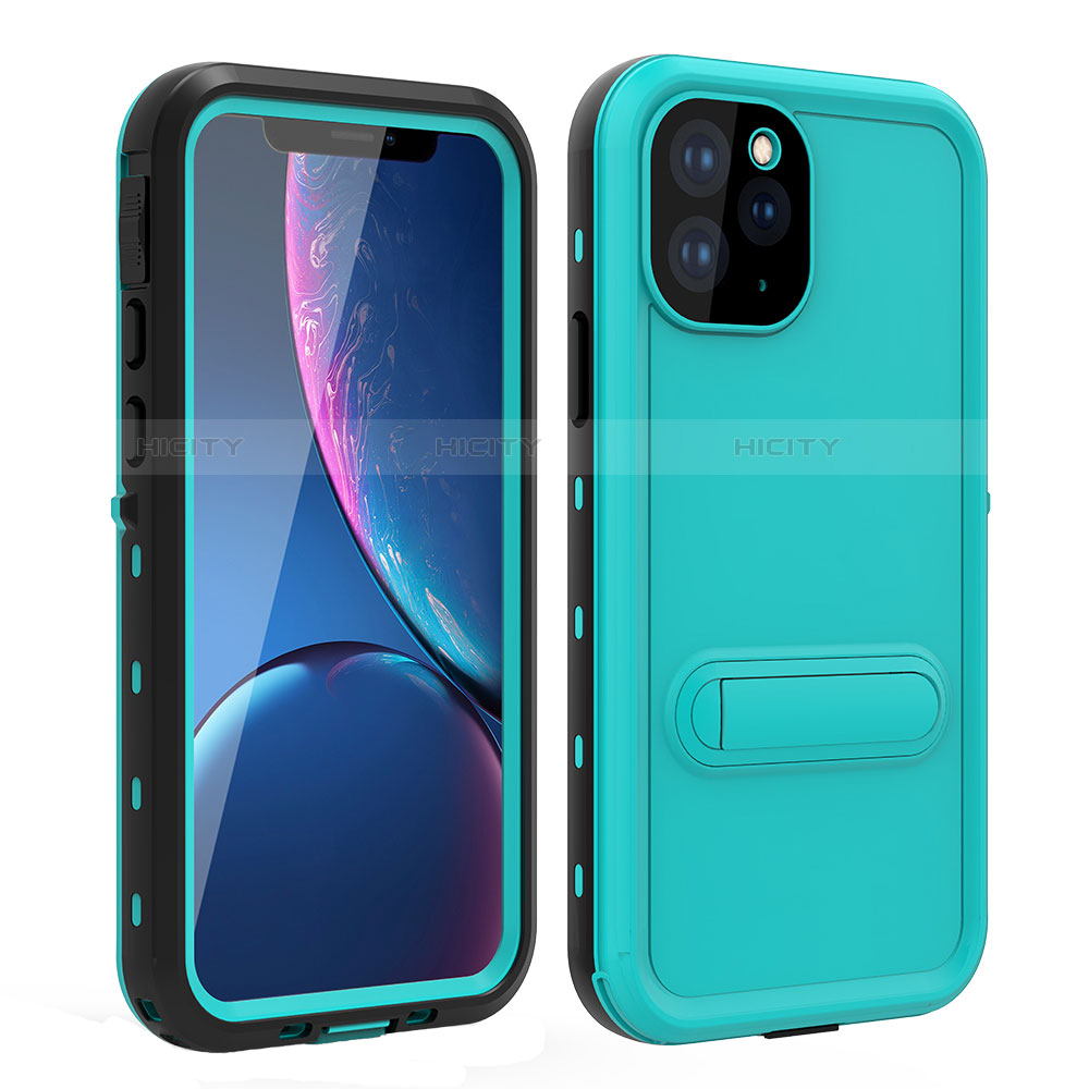 Coque Etanche Contour Silicone et Plastique Housse Etui Waterproof 360 Degres avec Support pour Apple iPhone 11 Pro Cyan Plus