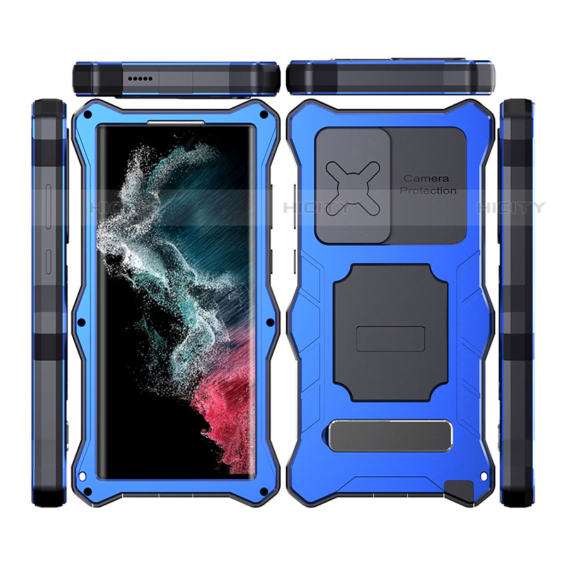 Coque Etanche Contour Silicone et Plastique Housse Etui Waterproof 360 Degres avec Support T02 pour Samsung Galaxy S22 Ultra 5G Bleu Plus