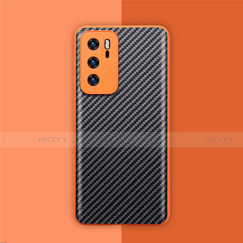 Coque Fibre de Carbone Housse Etui Luxe Serge pour Huawei P40 Orange Plus