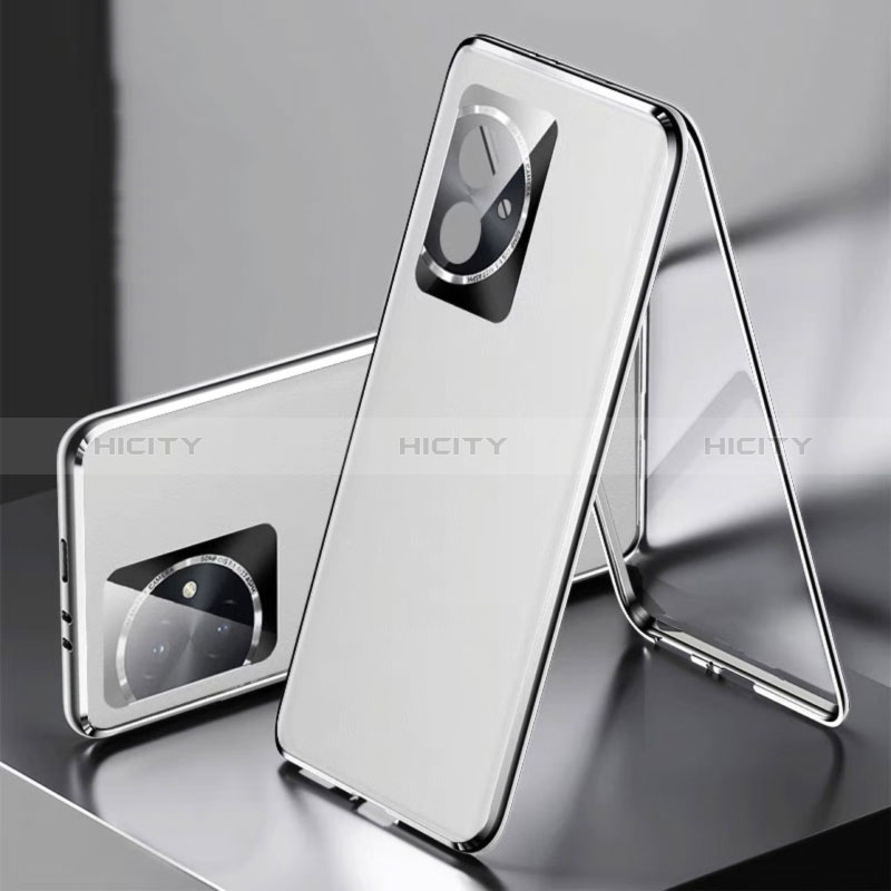 Coque Luxe Aluminum Metal et Cuir Housse Etui 360 Degres P01 pour Huawei Honor 100 5G Argent Plus