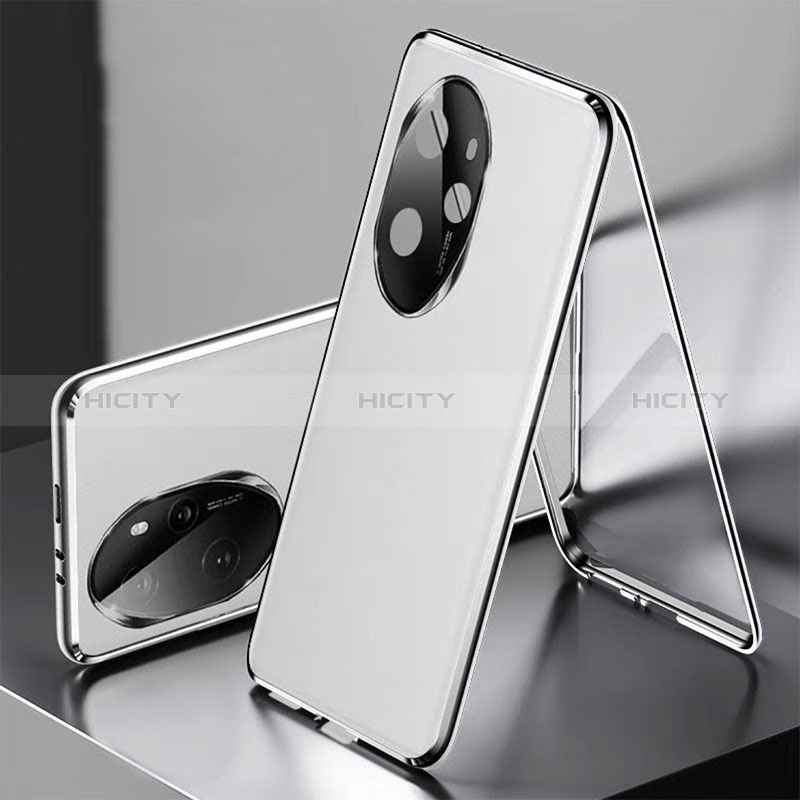 Coque Luxe Aluminum Metal et Cuir Housse Etui 360 Degres P01 pour Huawei Honor 100 Pro 5G Argent Plus