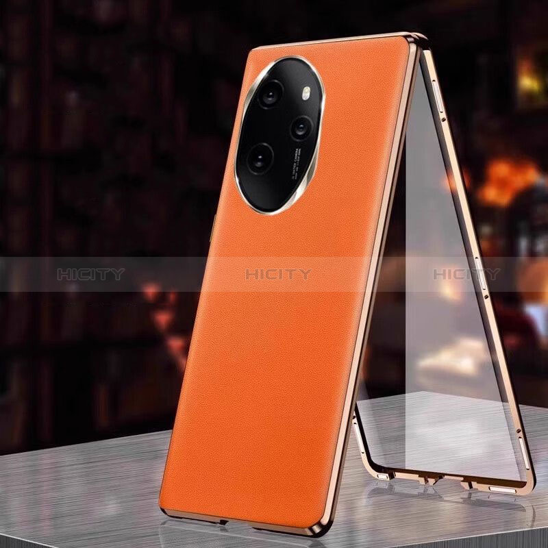 Coque Luxe Aluminum Metal et Cuir Housse Etui 360 Degres P01 pour Huawei Honor 100 Pro 5G Orange Plus