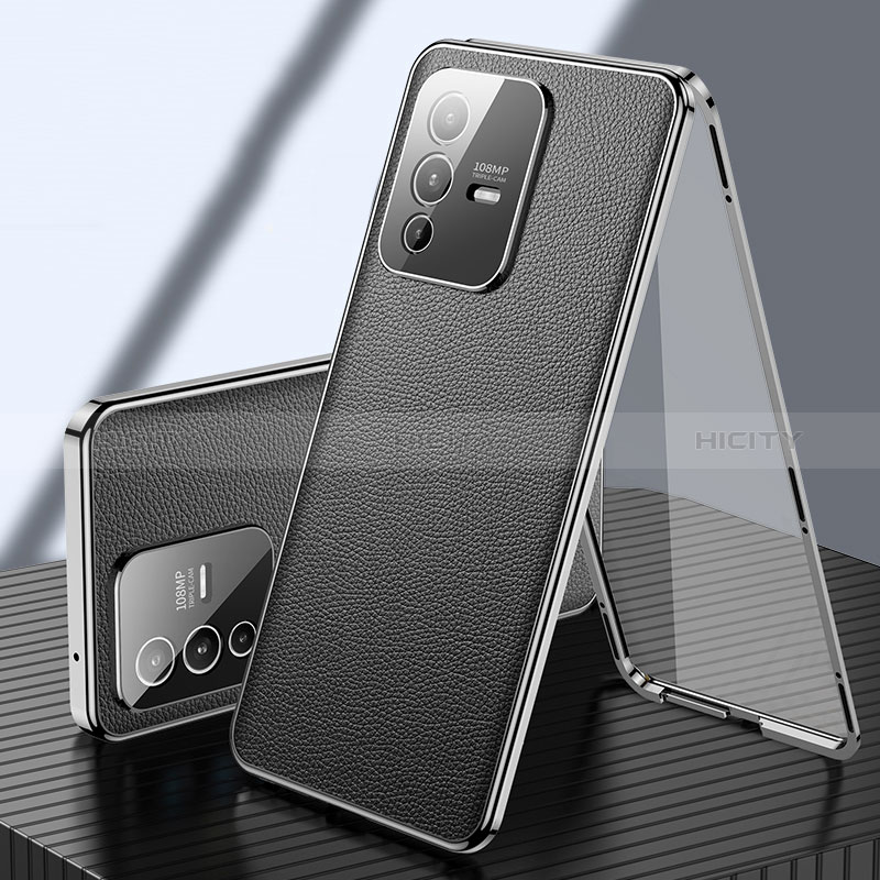 Coque Luxe Aluminum Metal et Cuir Housse Etui 360 Degres pour Vivo V23 5G Noir Plus