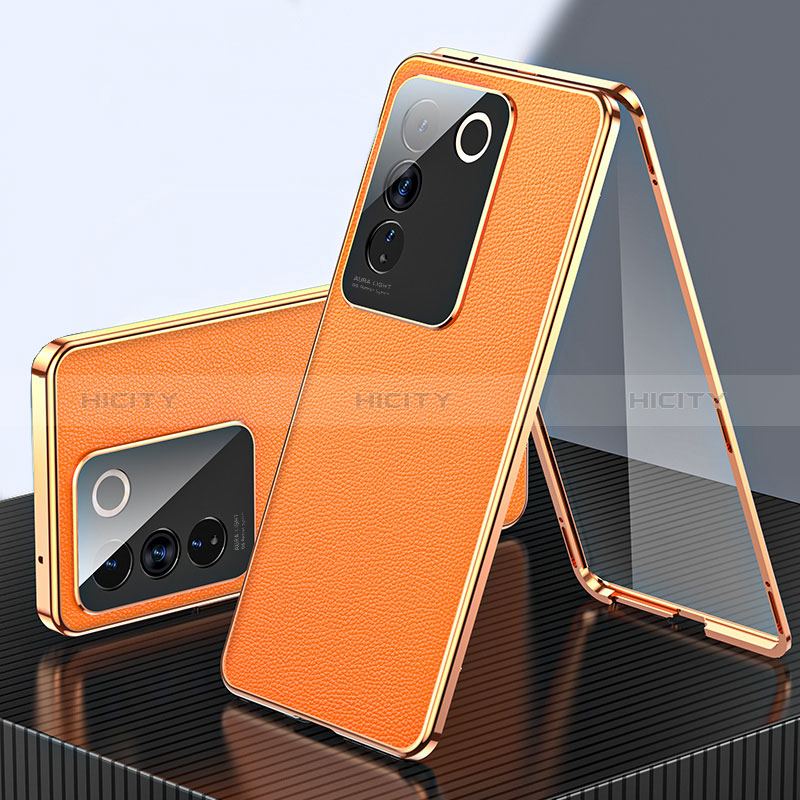 Coque Luxe Aluminum Metal et Cuir Housse Etui 360 Degres pour Vivo V27 5G Orange Plus