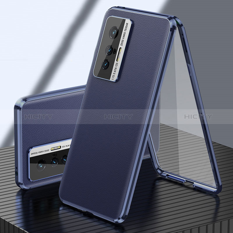 Coque Luxe Aluminum Metal et Cuir Housse Etui 360 Degres pour Vivo X70 5G Bleu Plus