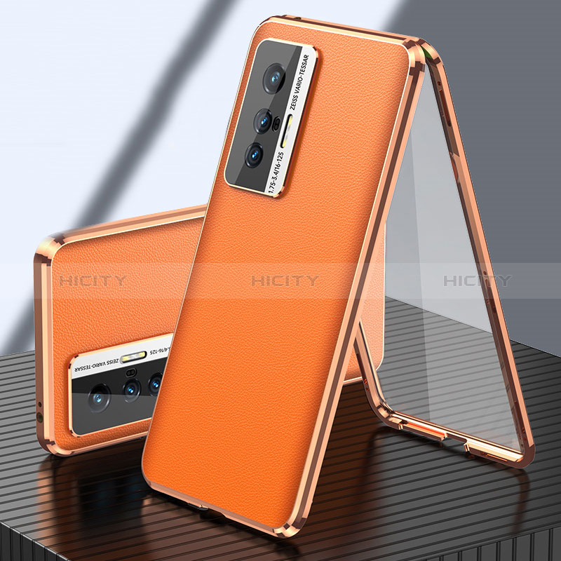 Coque Luxe Aluminum Metal et Cuir Housse Etui 360 Degres pour Vivo X70t Orange Plus