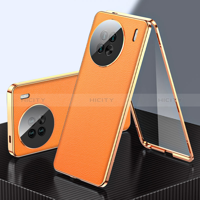 Coque Luxe Aluminum Metal et Cuir Housse Etui 360 Degres pour Vivo X90 5G Orange Plus