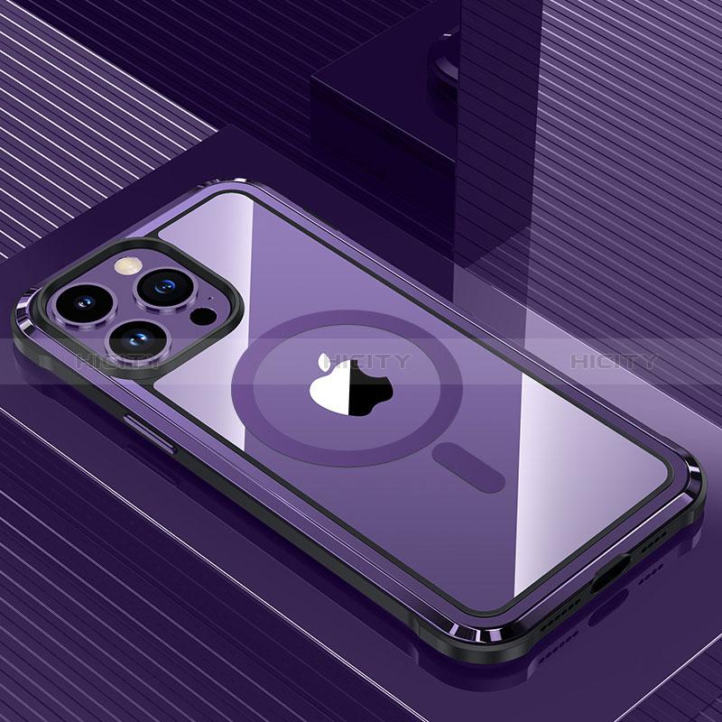 Coque Luxe Aluminum Metal Housse et Bumper Silicone Etui avec Mag-Safe Magnetic Magnetique QC1 pour Apple iPhone 14 Pro Violet Plus