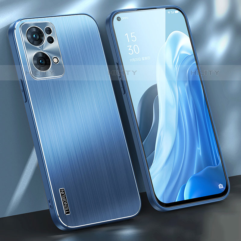 Coque Luxe Aluminum Metal Housse et Bumper Silicone Etui J01 pour Oppo Reno7 Pro 5G Bleu Plus