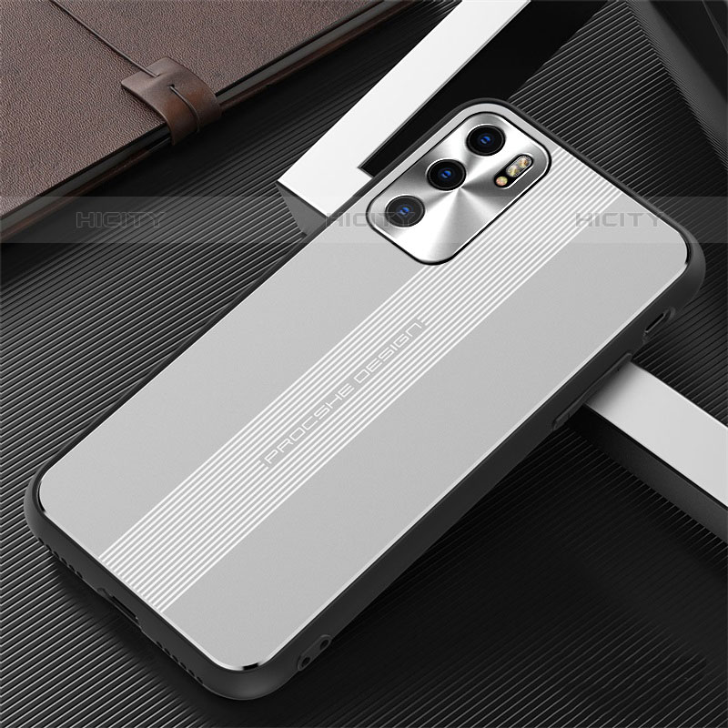 Coque Luxe Aluminum Metal Housse et Bumper Silicone Etui J02 pour Oppo Reno6 5G Argent Plus