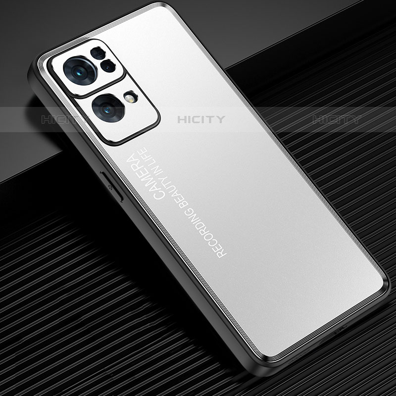 Coque Luxe Aluminum Metal Housse et Bumper Silicone Etui J02 pour Oppo Reno7 Pro 5G Argent Plus