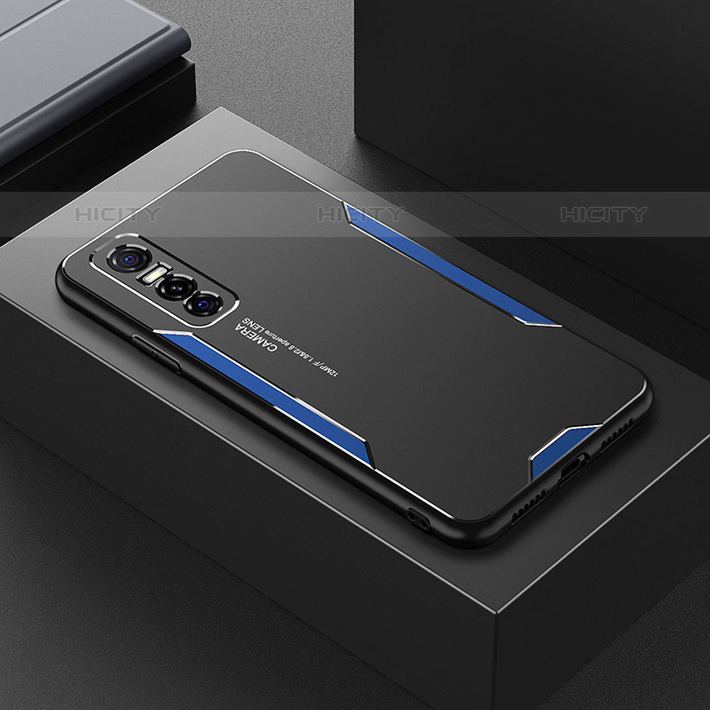 Coque Luxe Aluminum Metal Housse et Bumper Silicone Etui PB1 pour Vivo Y73s 5G Bleu Plus