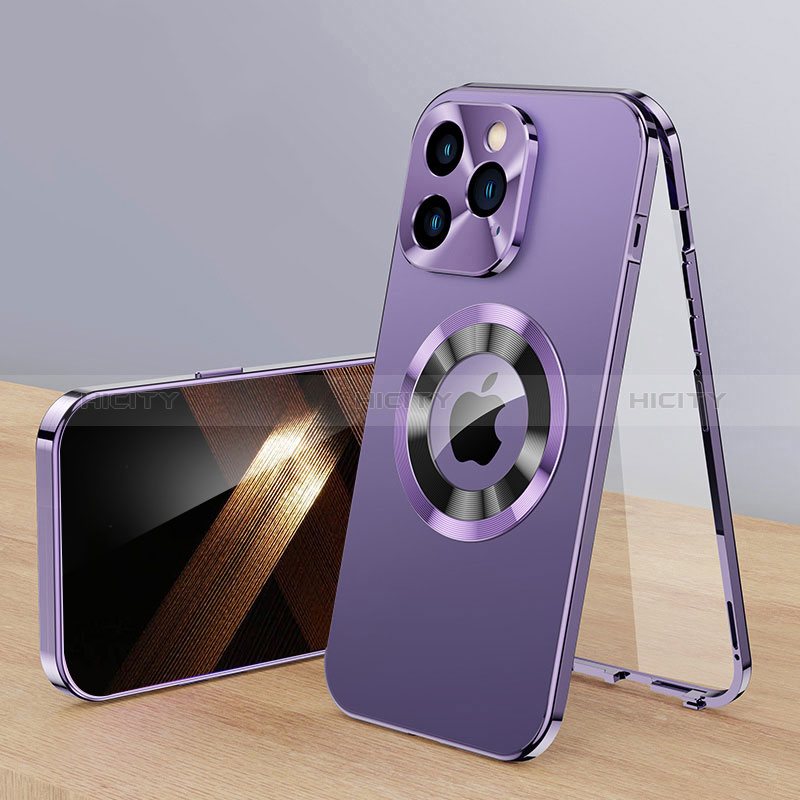 Coque Luxe Aluminum Metal Housse Etui 360 Degres avec Mag-Safe Magnetic Magnetique P01 pour Apple iPhone 14 Pro Max Violet Plus