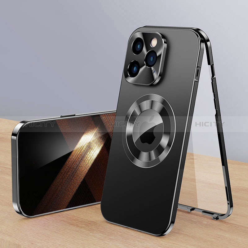 Coque Luxe Aluminum Metal Housse Etui 360 Degres avec Mag-Safe Magnetic Magnetique P01 pour Apple iPhone 16 Pro Noir Plus