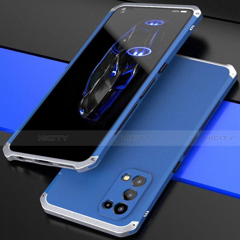 Coque Luxe Aluminum Metal Housse Etui 360 Degres M01 pour Oppo Find X3 Lite 5G Argent et Bleu Plus